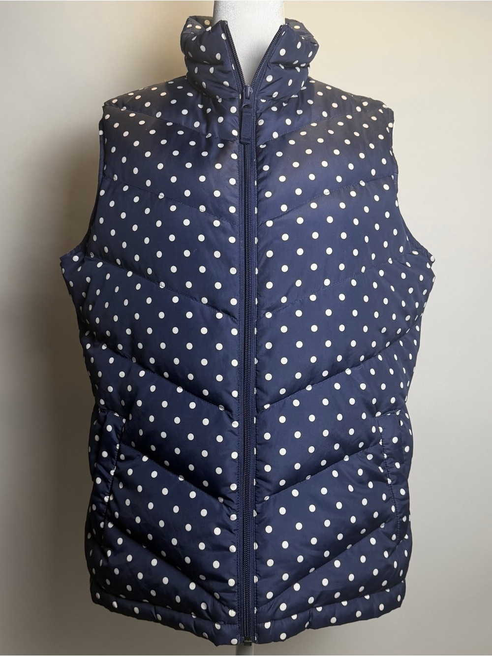 Lands' End Navy Polka Dot Quilted Puffer Vest